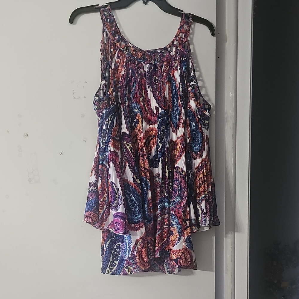 New XL Spense Multicolor Paisley Pleated Blouse Top Flowy + Lattice Trim